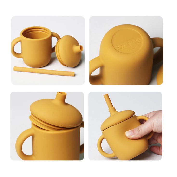 ถ้วยหัดดื่ม แก้วหัดดื่ม ซิลิโคนฟู้ดเกรค มีฝาปิด แก้วน้ำพร้อมหลอดดูด มีหูจับ Food Grade