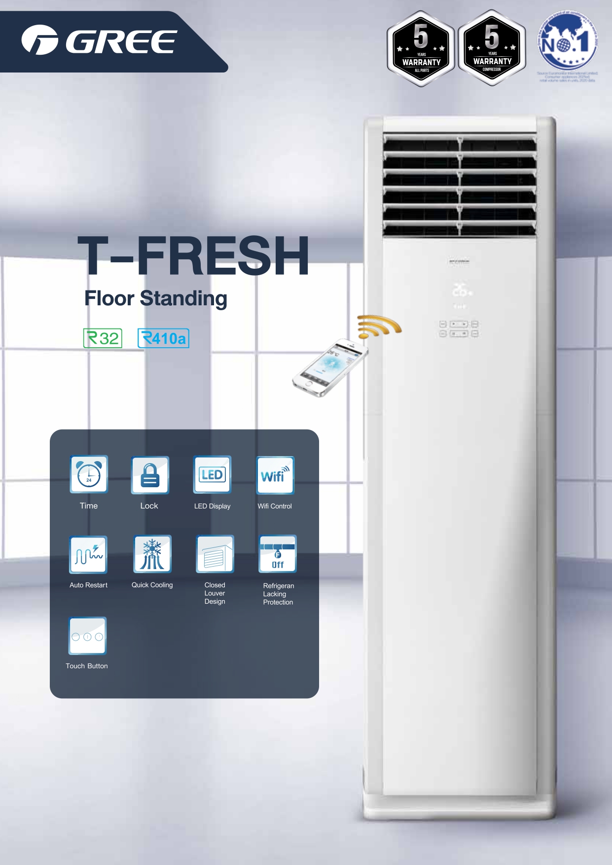 เครื่องปรับอากาศ GREE แบบตู้ตั้งพื้น ขนาด 42,000 BTU รุ่น GVC48ALXH-M6NNC7B-R32
