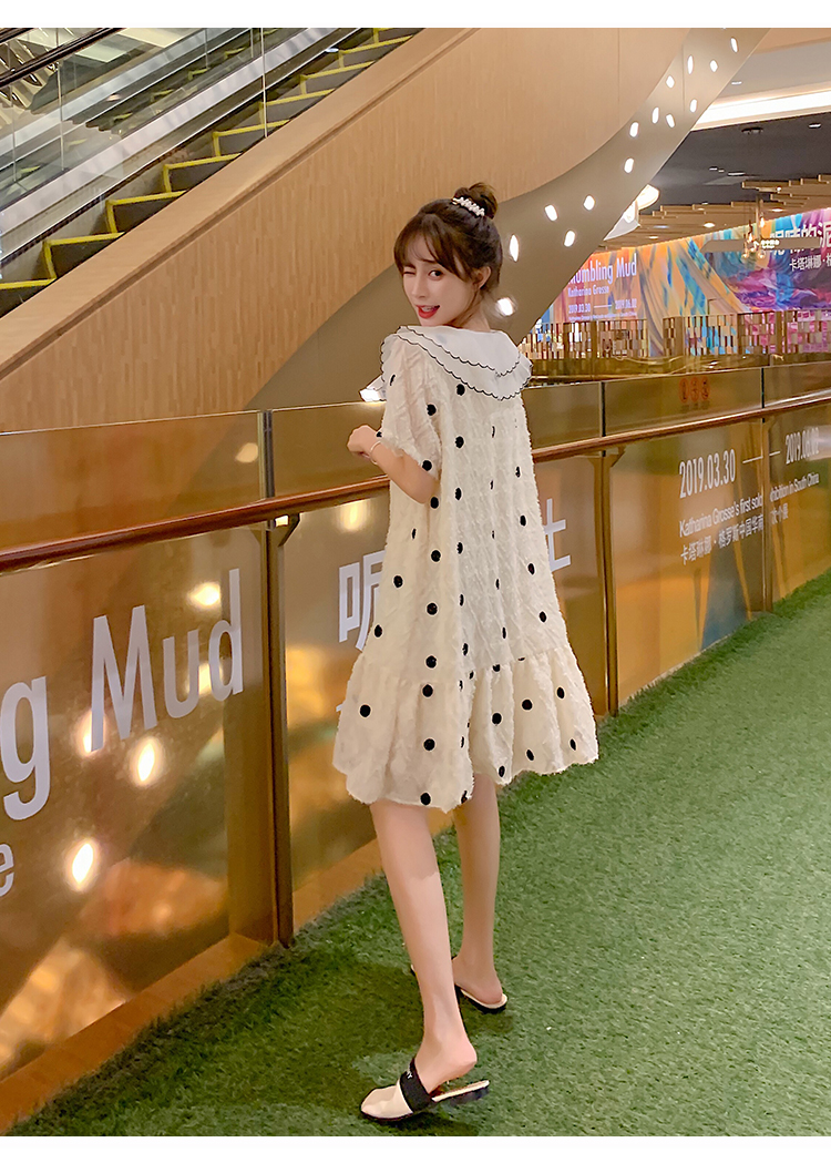 เดรสคลุมท้องแฟชั่นเกาหลี คอปก 2 ชั้น ผ้าตุ๊กตา มีซับใน แต่งด้วยโบว์ ช่วงท้องใส่ได้ถึงคลอด M L XL XXL