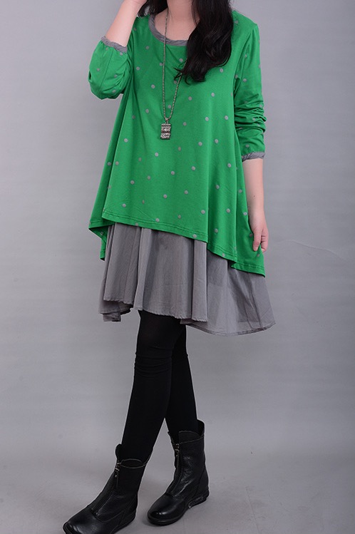 เดรสคลุมท้อง สไตล์เกาหลี แขนยาว ชุดเขียว ปลายเทา M,L,XL