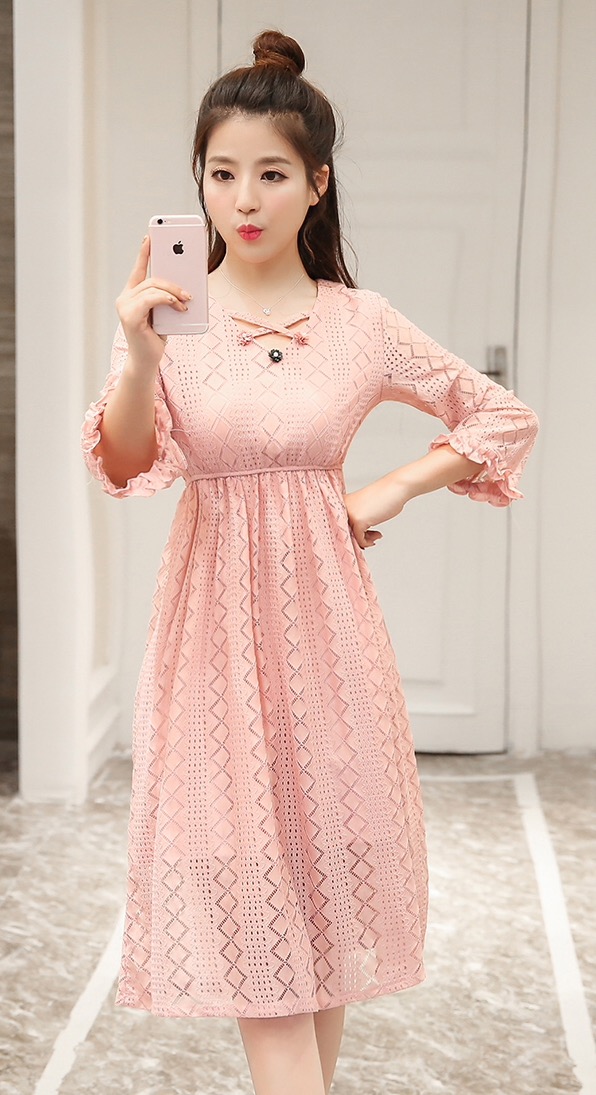 ชุดคลุมท้องเกาหลี ผ้าฉลุลายสวยมาก ประดับลูกไม้ แขน4 ส่วน ซับในทั้งชุด M,L,XL,XXL