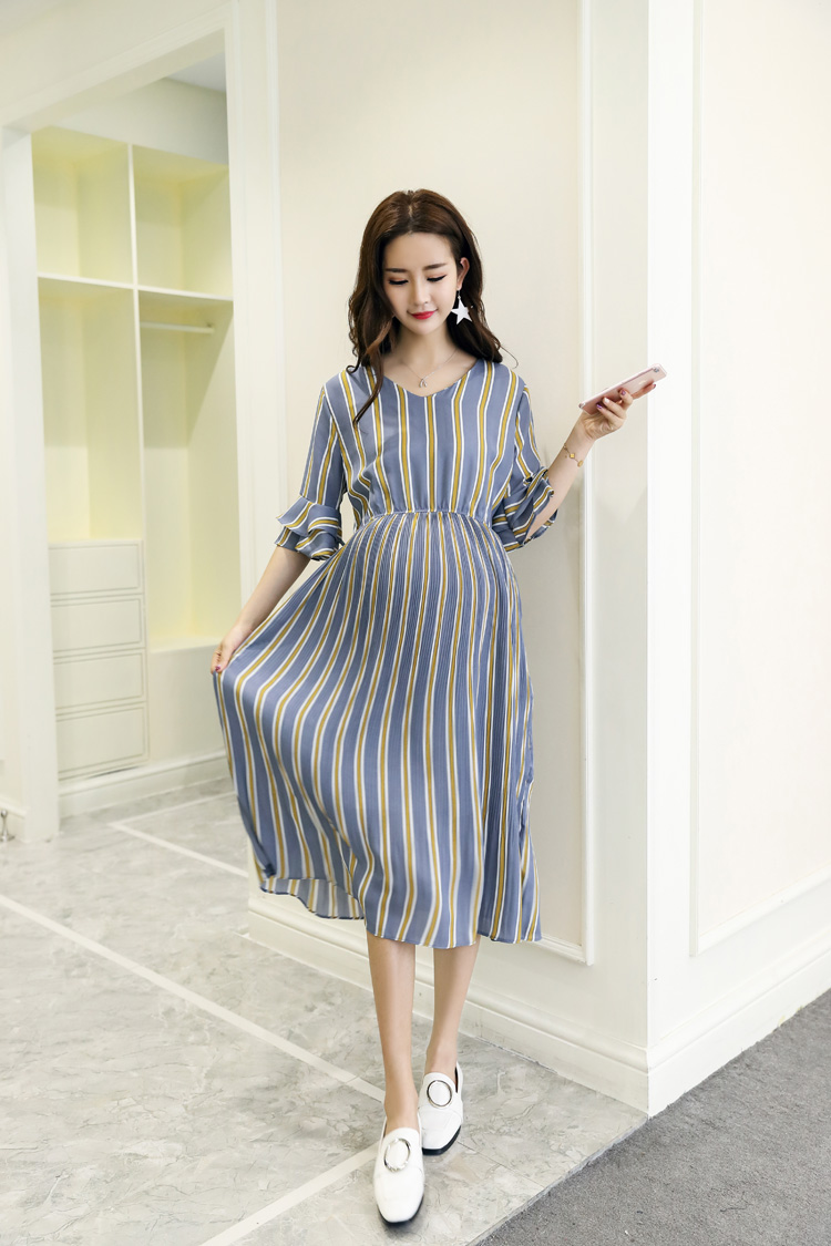 ชุดคลุมท้องเดรสสไตล์เกาหลี ช่วงล่างอัดพรีท ผ้าชีฟองใส่ได้ถึงคลอด สวยดูดีมากๆ M L XL XXL