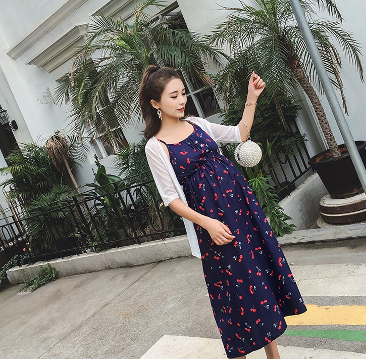 ชุดคลุมท้องสายเดี่ยวมาพร้อมเสื้อคลุม ชุดผ้าฝ้ายลายเชอรี่น่ารัก M L XL XXL