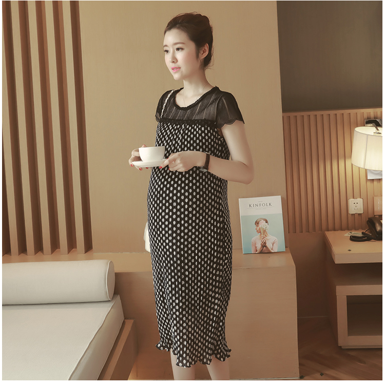 เดรสคลุมท้องแนวเกาหลี อัดพรีท ลายจุด ด้านบนซีทรู น่ารักฝุดๆ M,L,XL,XXL