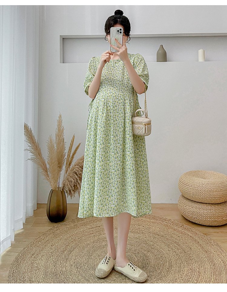 เดรสคลุมท้องแฟชั่น ผ้าชีฟอง พิมลาย ดอกไม้น่ารัก มีซับใน มีเชือกผูกปรับขนาดครรภ์ มีผ้าพันคอให้ด้วย M L XL XXL