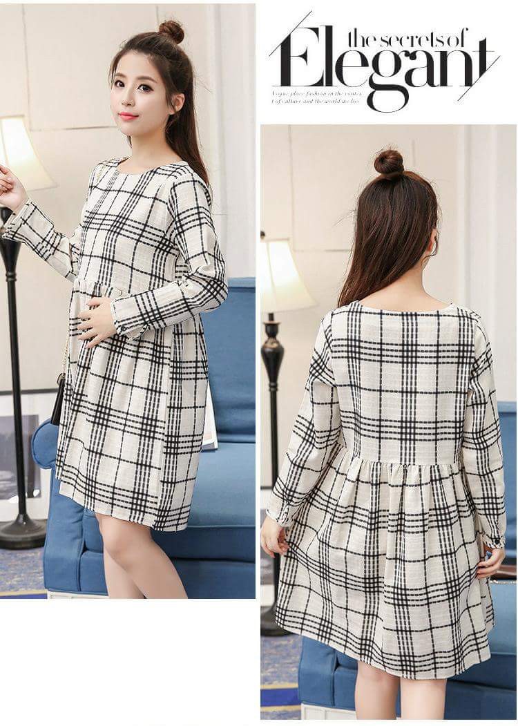 เดรสคลุมท้องเปิดให้นมแบบซิป แขนยาว ทรงน่ารัก สีเบจ M,L,XL,XXL