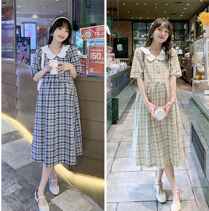 ชุดคลุมท้องเปิดให้นม คอบัว 2 ชั้น แกะกระดุมเปิดให้นมได้ลายสก๊อตน่ารัก ใส่ได้ถึงหลังคลอด M L XL XXL