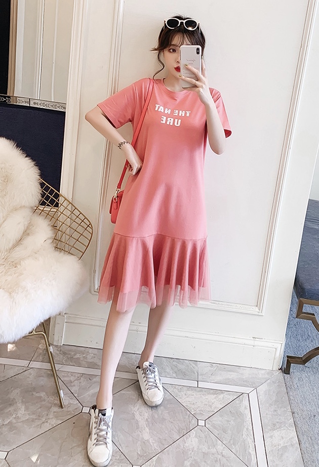 ชุดคลุมท้องแฟชั่นแขนสั้น ต่อระบายด้วยผ้าตาข่าย ลายน่ารัก ผ้านิ่มใส่สบายดีมากเลยค่ะ M L XL XXL