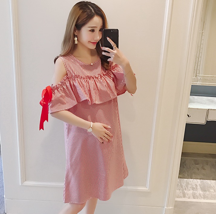 เดรสคลุมท้องแฟชั่นเปิดไหล่ มีเชือกผูกที่แขน รอบท้องใหญ่ใส่ได้ถึงคลอด มีเชือกผูก M L XL,XXL