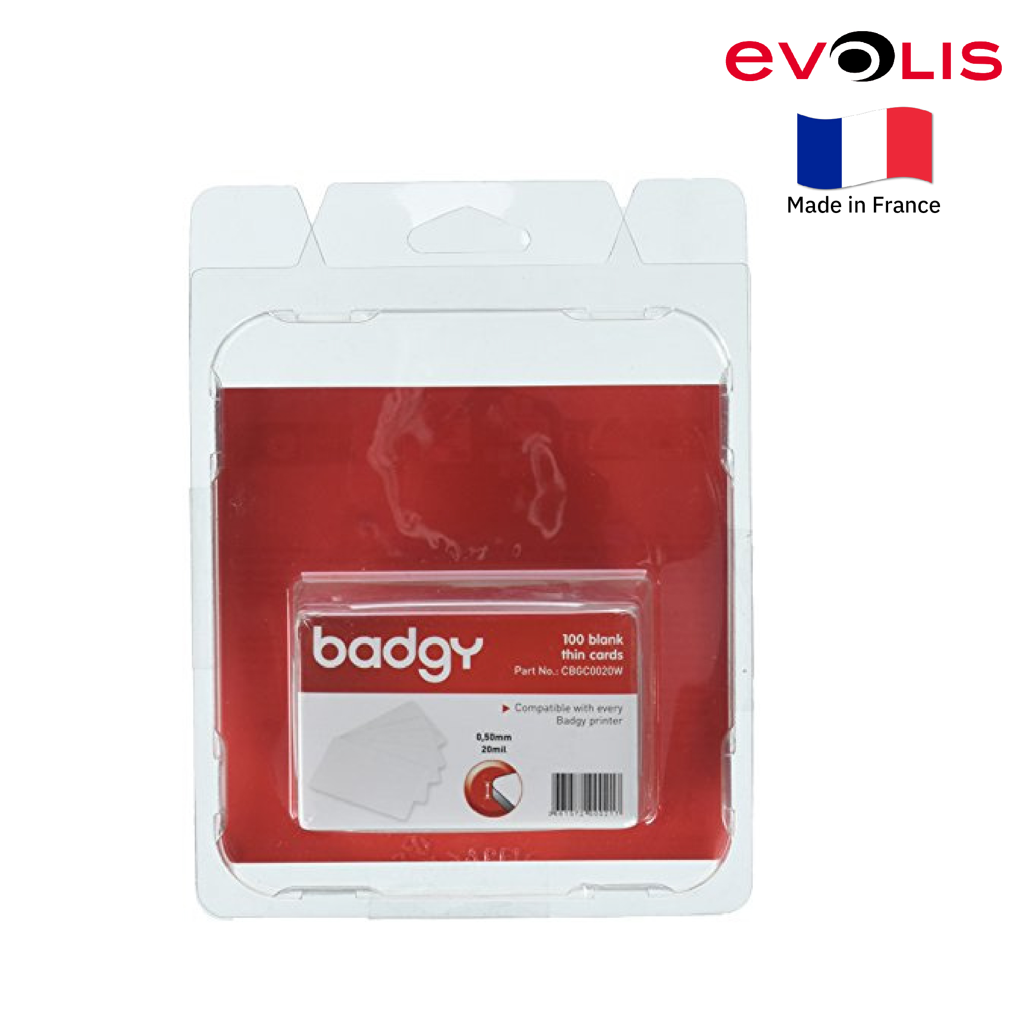บัตรพลาสติก PVC 0.5 มม. (แพ็ค 100 ใบ) ยี่ห้อ Evolis(CBGC0020W)