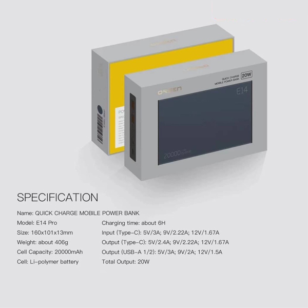 แบตสำรอง Eloop Orsen E14 Pro ความจุ 20000 mAh PD 20W