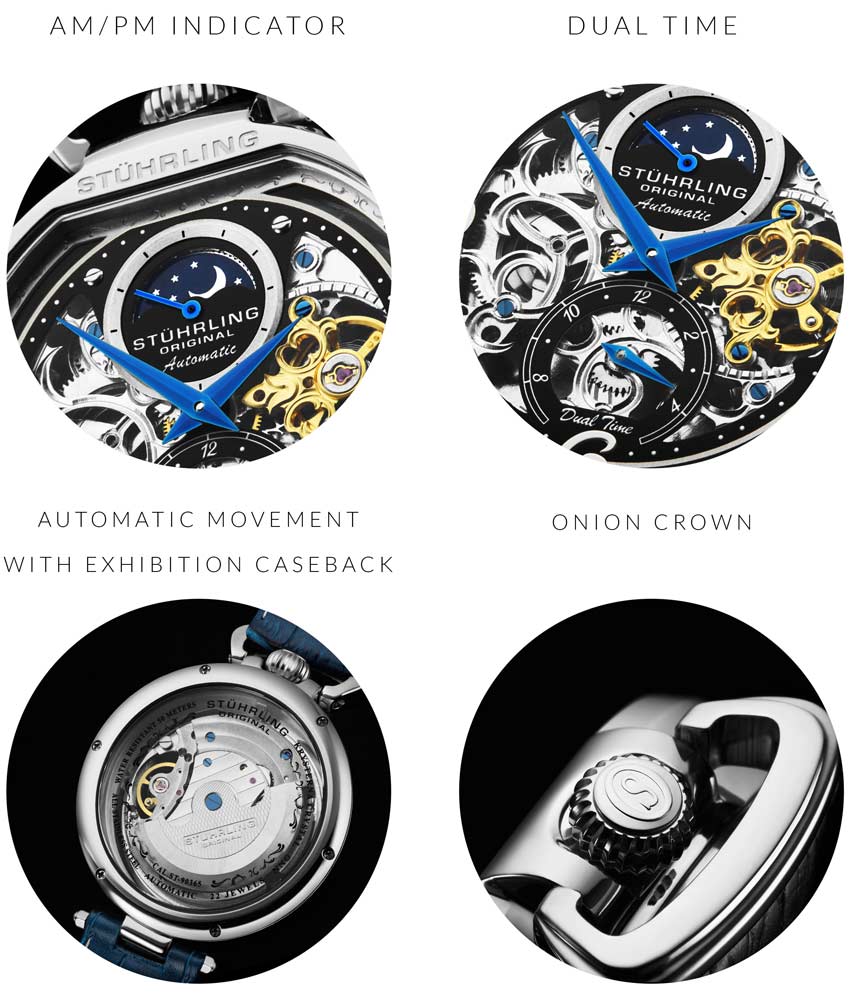 Stuhrling Original 889.01 นาฬิกาผู้ชาย Stuhrling Original รุ่น 889.01, Modena Automatic Dual Time Skeleton Blue Genuine Leather Strap Men's Watch