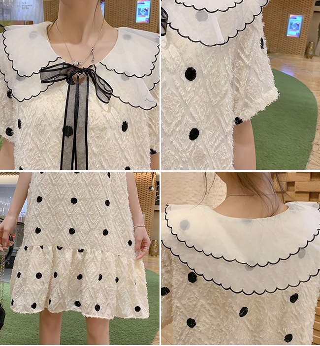 เดรสคลุมท้องแฟชั่นเกาหลี คอปก 2 ชั้น ผ้าตุ๊กตา มีซับใน แต่งด้วยโบว์ ช่วงท้องใส่ได้ถึงคลอด M L XL XXL