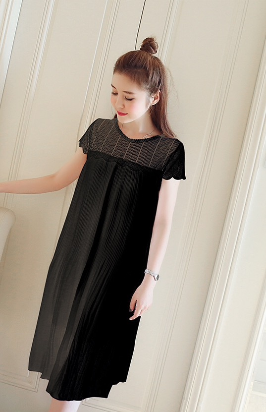 เดรสคลุมท้องแนวเกาหลี อัดพรีท สีดำ ด้านบนซีทรู น่ารักฝุดๆ M,L,XL,XXL