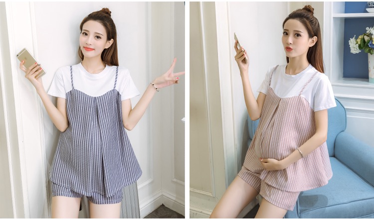 ชุดเสื้อ+กางเกงคนท้อง ฟ้าอมเทา เอี๊ยมหลอก แบบน่ารัก กางเกงมีสายปรับขนาดภรรภ์ M,L,XL,XXL