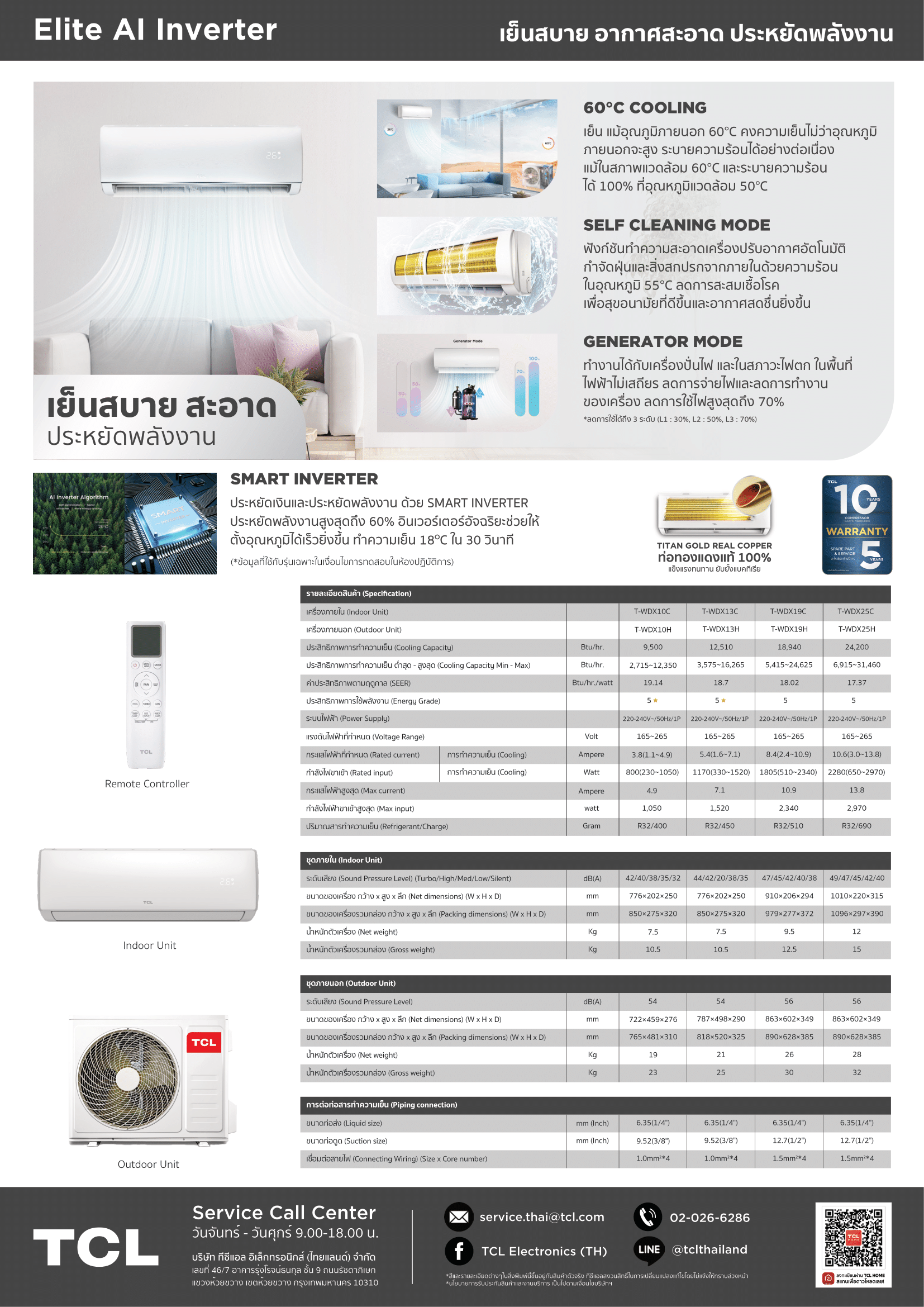 แอร์ TCL แบบติดผนัง ขนาด 18,900 BTU รุ่น T-WDX19C/H (INVERTER) (ELITE SERIES)