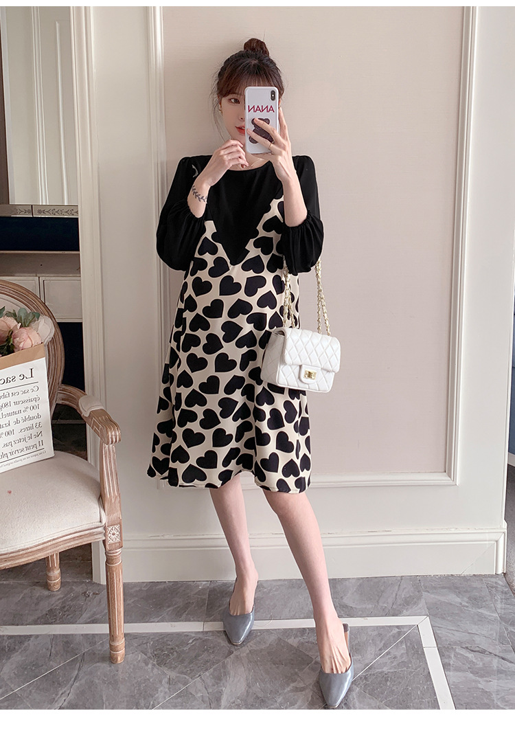 เดรสคลุมท้องแฟชั่นเกาหลี เอี๊ยมหลอก ผ้าชีฟอง ลายหัวใจน่ารัก ทรงสวย ดูดีมากค่ะชุดนี้ M L XL XXL