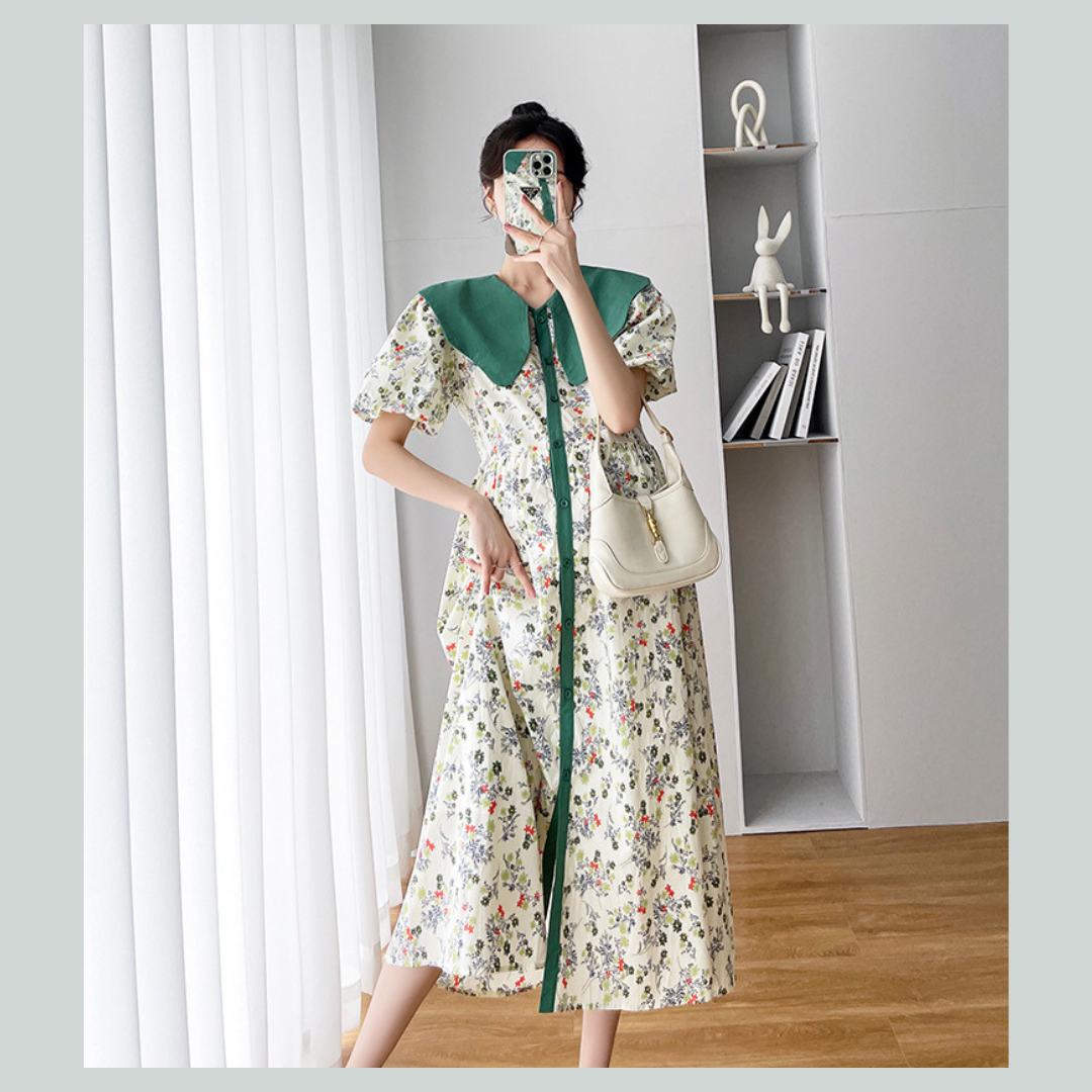 ชุดคลุมท้องแฟชั่นเกาหลี แขนตุ๊กตา ปกใหญ่ กระดุมหน้าแกะได้จริง ผ้าเนื้อละเอียด สีน่ารัก M L XL XXL