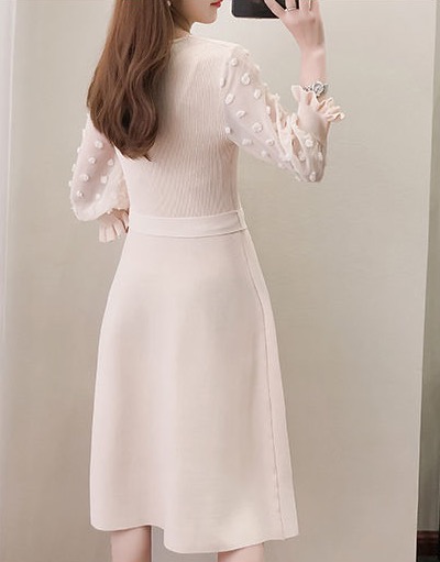 เดรสคลุมท้องแฟชัน ผ้ายืดเนื้อนิ่ม ช่วงแขนซีทรูประดับด้วยดอกไม้3มิติ ช่วงเอวผูกปรับขนาด ฟรีไซส์