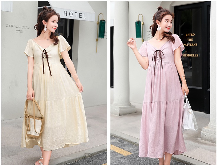 เดรสคลุมท้องแฟชั่นยาว คอวีด้านหลังเป็นสม๊อค ผูกช่วงอก แขนระบาย น่ารักมาก M L XL,XXL