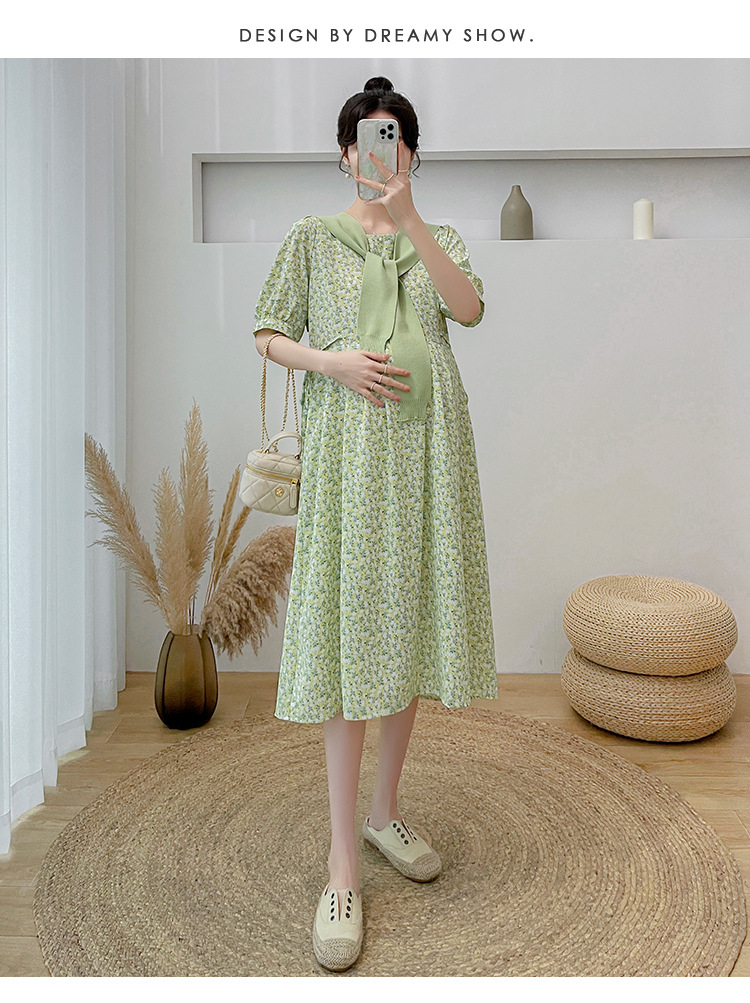 เดรสคลุมท้องแฟชั่น ผ้าชีฟอง พิมลาย ดอกไม้น่ารัก มีซับใน มีเชือกผูกปรับขนาดครรภ์ มีผ้าพันคอให้ด้วย M L XL XXL