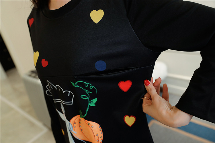 ชุดคลุมท้องเปิดให้นมได้ แขนยาว ผ้าเนื้อดี ลายน่ารัก แต่งชายกระโปรงแบบซีทรู M, L,XL