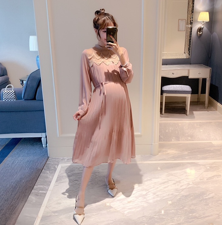 เดรสคลุมท้องแฟชั่นแขนยาว ผ้าชีฟอง คอลูกไม้ ช่วงไหล่ซีทรู พรีททั้งชุด มีซับใน M L XL,XXL