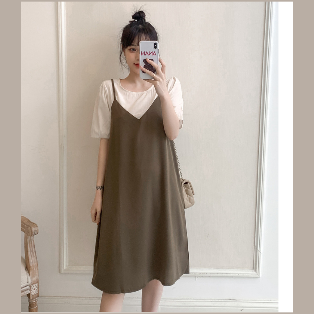 เดรสคลุมท้องแฟชั่น เอี๊ยมหลอก ผ้าชีฟอง เนื้อนิ่ม สวยเรียบ ดูดีทุกโอกาส น่ารัก ใส่สบายมากค่ะ M L XL XXL