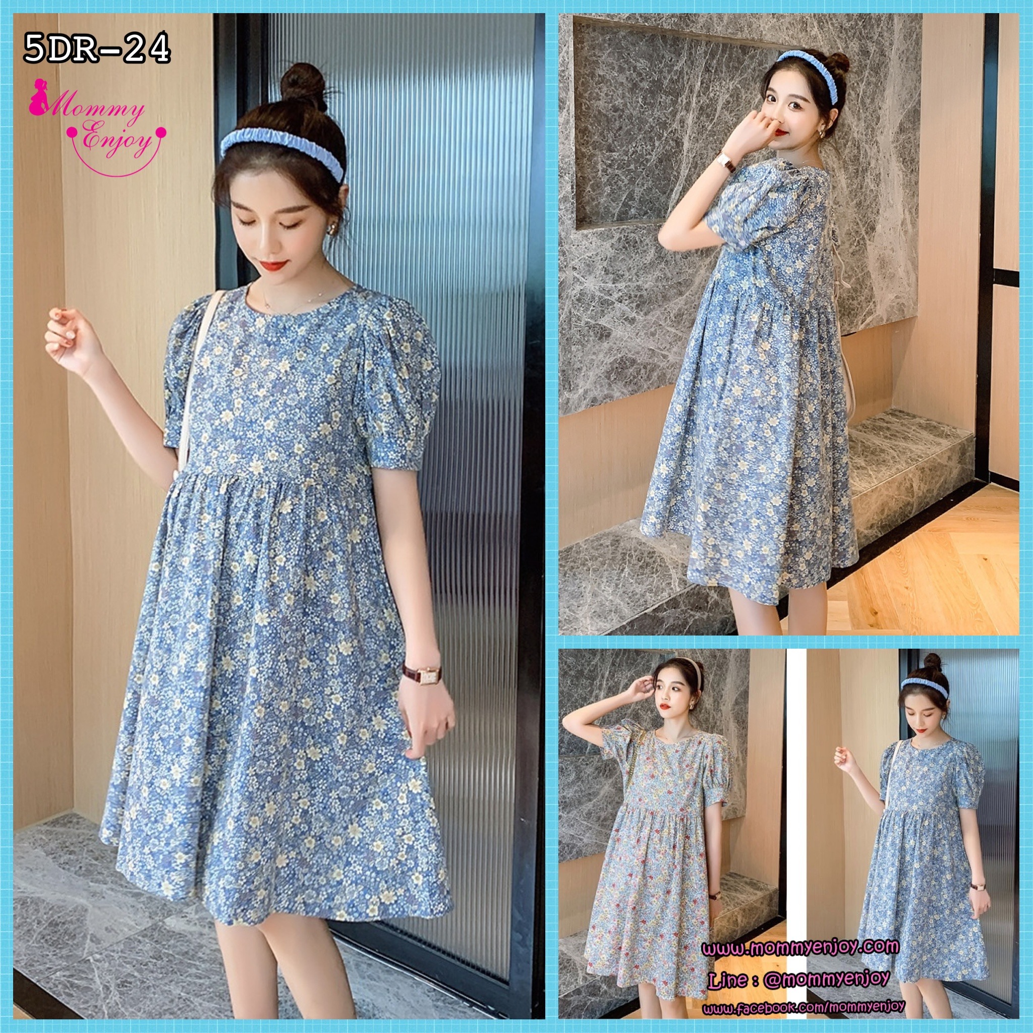เดรสคลุมท้องแฟชั่นเกาหลี ผ้าฝ้าย ลายดอกวินเทจน่ารัก แขนตุ๊กตา ช่วงท้องระบาย ใส่ได้ถึงคลอด M L XL XXL