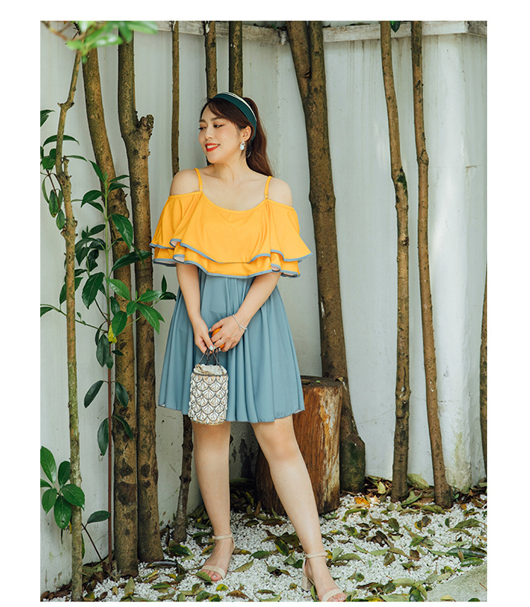 ชุดว่ายน้ำคนอ้วน 5xl ชุดเที่ยวทะเลพร้อมส่ง :ชุดว่ายน้ำไซส์ใหญ่แฟชั่นสีเหลืองเทาแต่งระบาย มีกางเกงขาสั้นใส่ด้านในแบบสวย น่ารักมากๆจ้า:รอบอก40-48นิ้ว เอว36-46นิ้ว สะโพก40-52นิ้ว