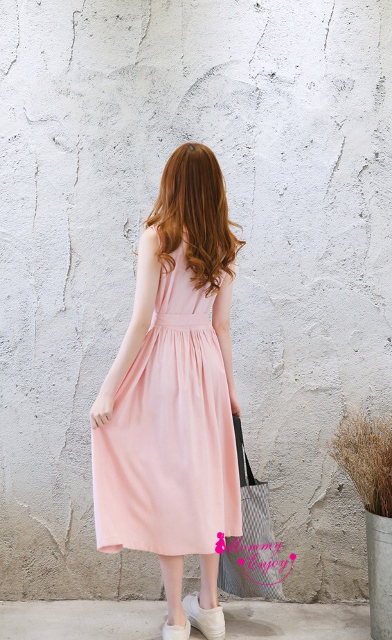 ชุดคลุมท้อง แขนกุด สีชมพูหวาน มีโบว์น่ารักๆ M,L,XL,XXL