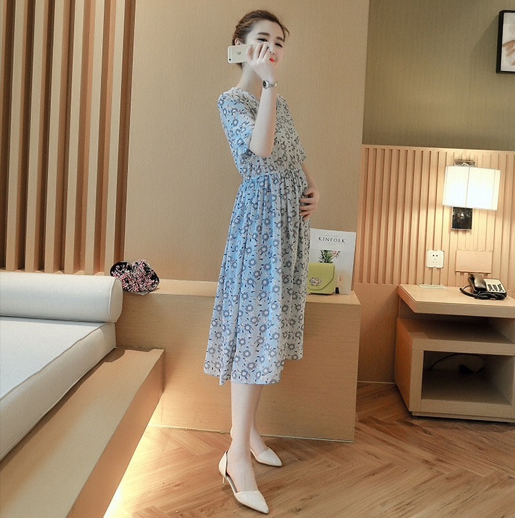 ชุดคลุมท้อง ทรงสวย ลายดอกไม้ ผ้าชีฟอง รอบท้องยืดตัว สีฟ้า M,L,XL,XXL