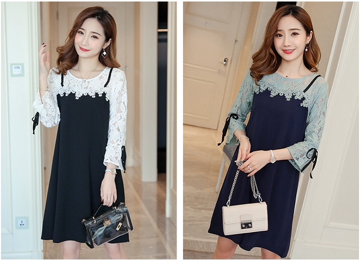 ชุดคลุมท้องเกาหลี แขน4ส่วน เอี๊ยมหลอกช่วงบนและแขนเป็นผ้าลูกไม้ ใส่สบาย M,L,XL,XXL