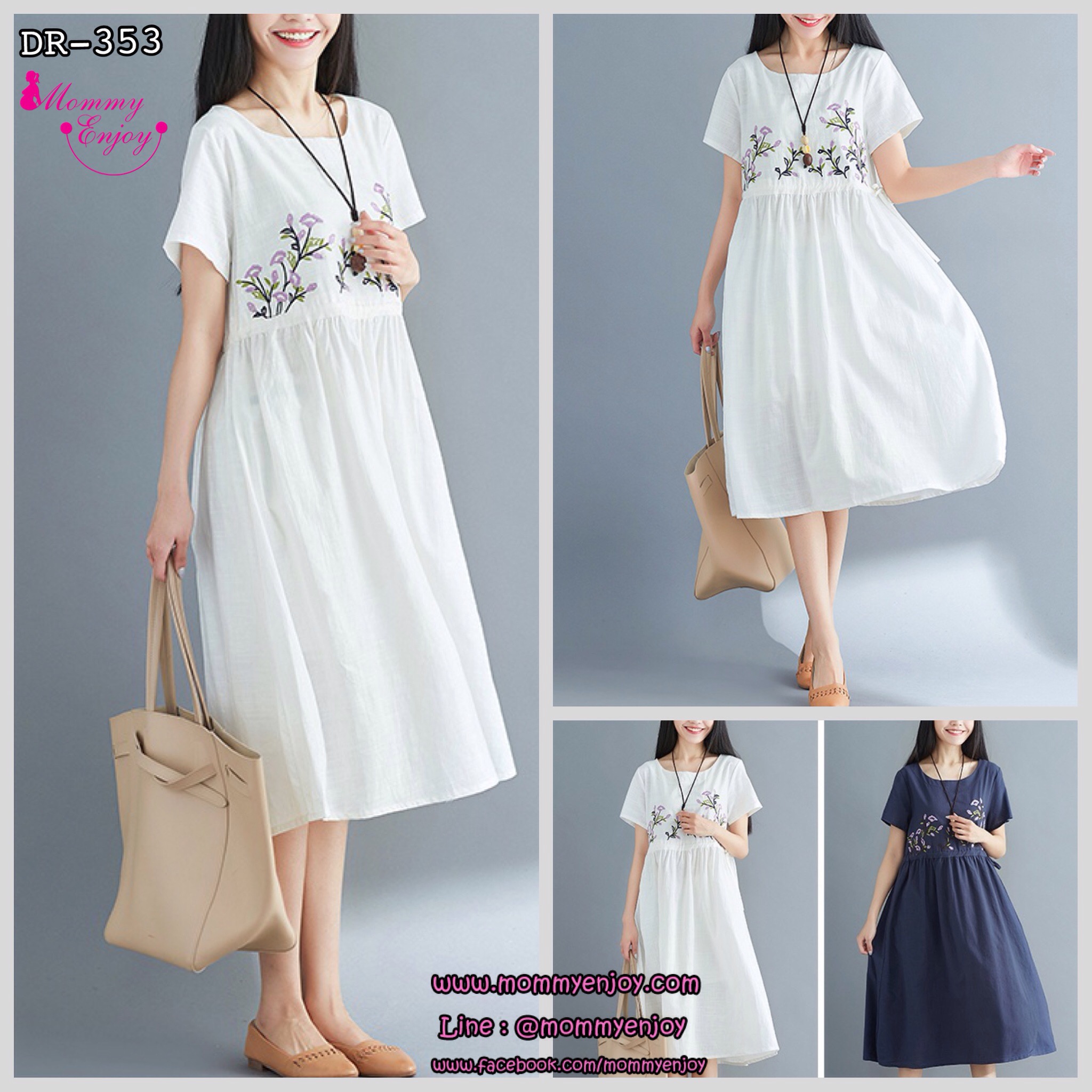 เดรสคนท้องแฟชั่นสไตล์ Retro ผ้าฝ้ายปักลายสวยน่ารัก ปรับขนาดได้ผูกข้าง M L XL,XXL