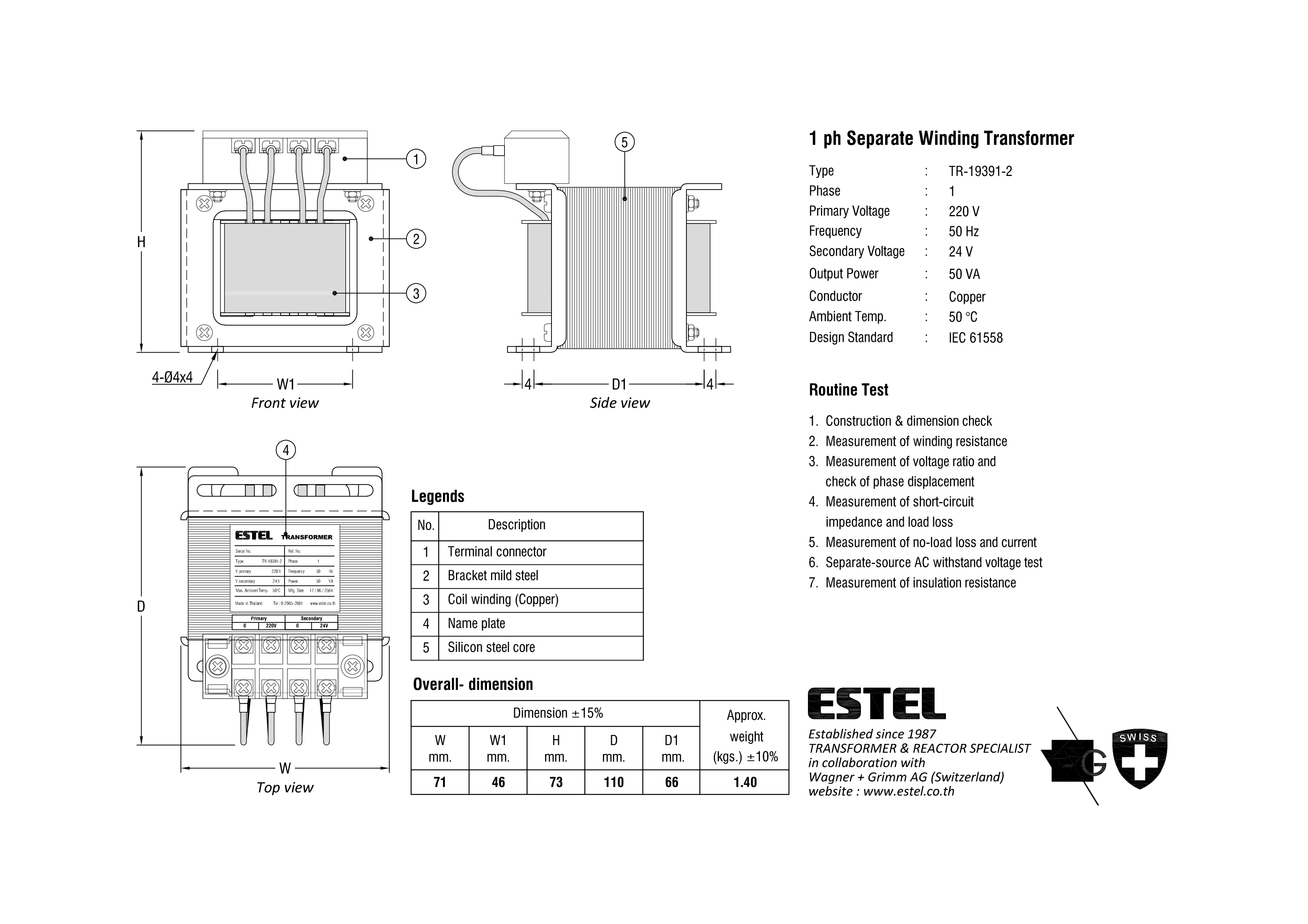 หม้อแปลงESTEL Input 0 220 VAC Output 0 24 VAC 50 VA