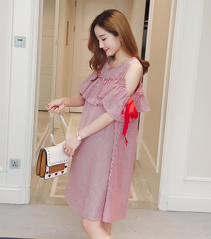 เดรสคลุมท้องแฟชั่นเปิดไหล่ มีเชือกผูกที่แขน รอบท้องใหญ่ใส่ได้ถึงคลอด มีเชือกผูก M L XL,XXL