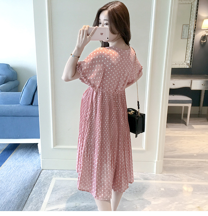 เดรสคลุมท้องแฟชั่น ชุดผ้าชีฟอง ช่วงกระโปรงอัดพรีท ซับในทั้งชุด M,L,XL,XXL