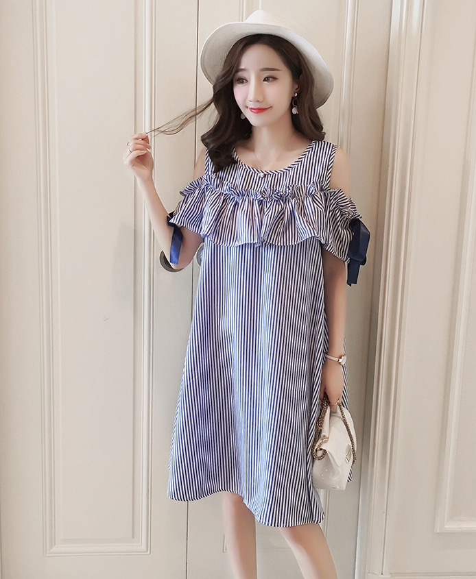 เดรสคลุมท้องแฟชั่นเปิดให้นม เปิดไหล่ มีเชือกผูกที่แขน รอบท้องใหญ่ใส่ได้ถึงคลอด มีเชือกผูก M L XL,XXL