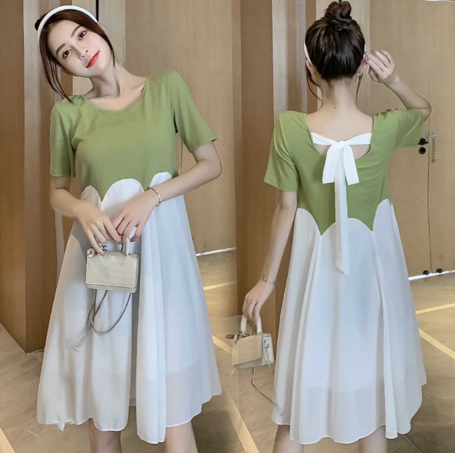 ชุดคลุมท้องเปิดให้นม แขนสั้น ทรงระบาย มีซับใน ด้านหลัง ผูกโบว์น่ารัก ค่ะ M L XL XXL