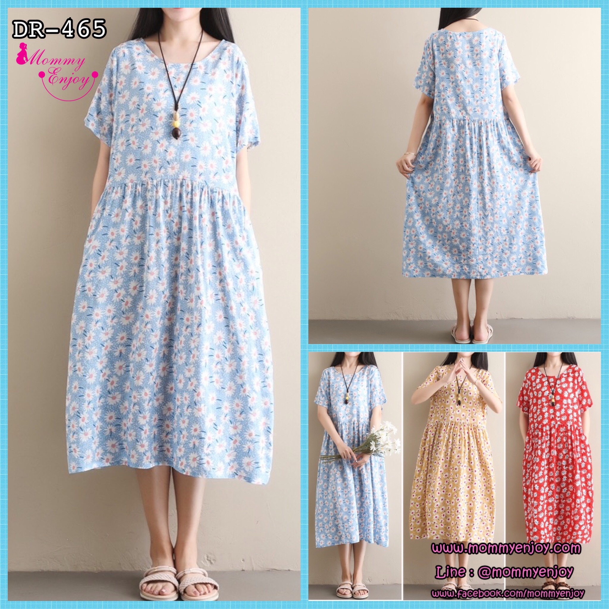 เดรสคลุมท้องแฟชั่น ผ้าลินิน ลายดอกน่ารัก ใส่สบาย มีกระเป๋าข้าง M L XL XXL