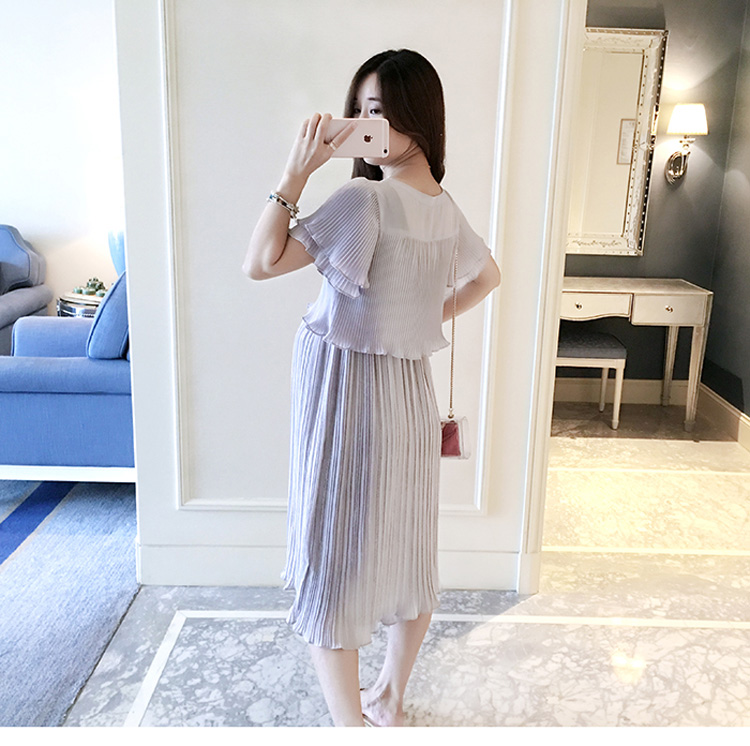 ชุดคลุมท้องแฟชั่น สีเทา ชุดสวยอัดพรีททั้งชุด แขนระบาย M L XL XXL