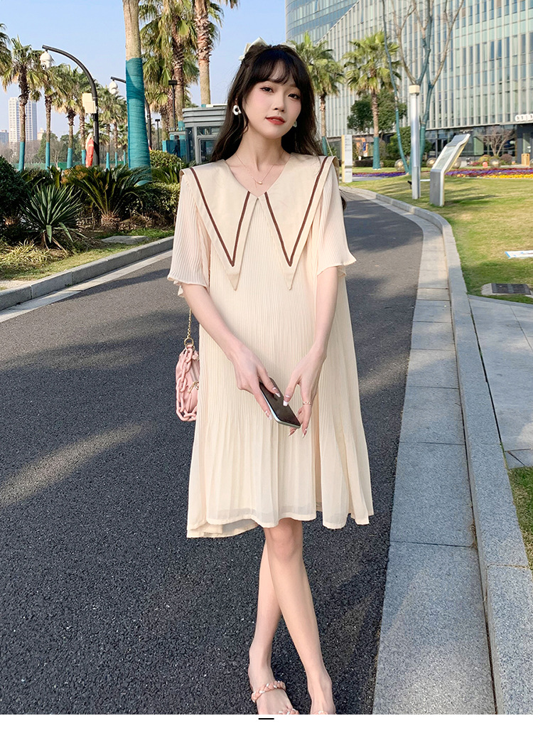 เดรสคลุมท้องแฟชั่นเกาหลี ปกกะลาสีเรือ ผ้าชีฟองอัดพรีท มีซับใน ชุดสวยเนื้อดีมาก M L XL XXL