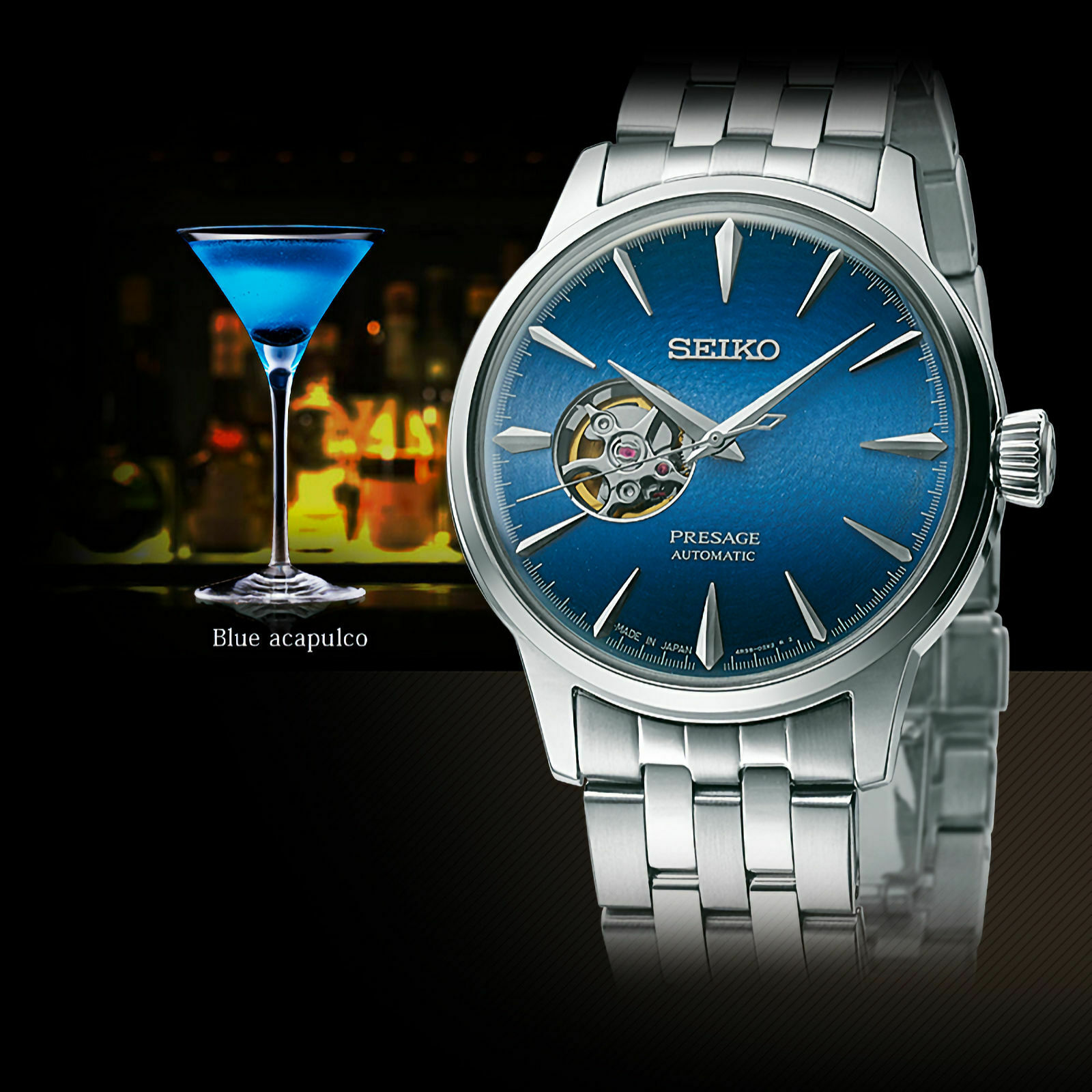 Seiko SSA439J1 นาฬิกาผู้ชาย Presage Cocktail Time Blue Acapulco Open Heart Automatic Made in Japan Men's Watch