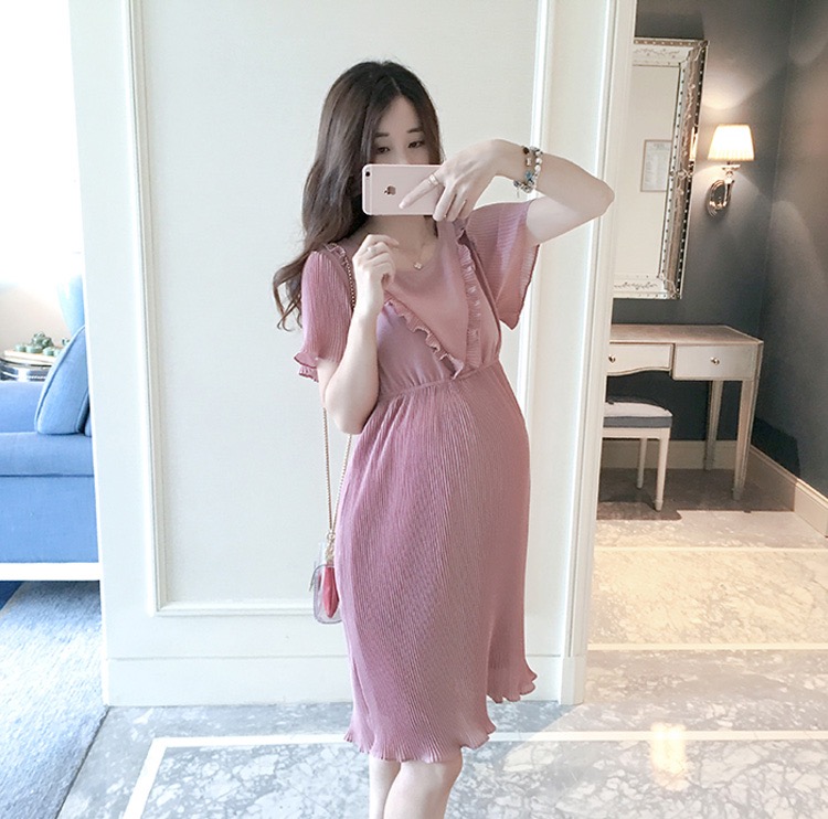 เดรสคลุมท้องแฟชัน ผ้าชีฟองพรีทจีบเล็ก แต่งระบายช่วงอก มีซับใน ใส่สบาย M L XL,XXL