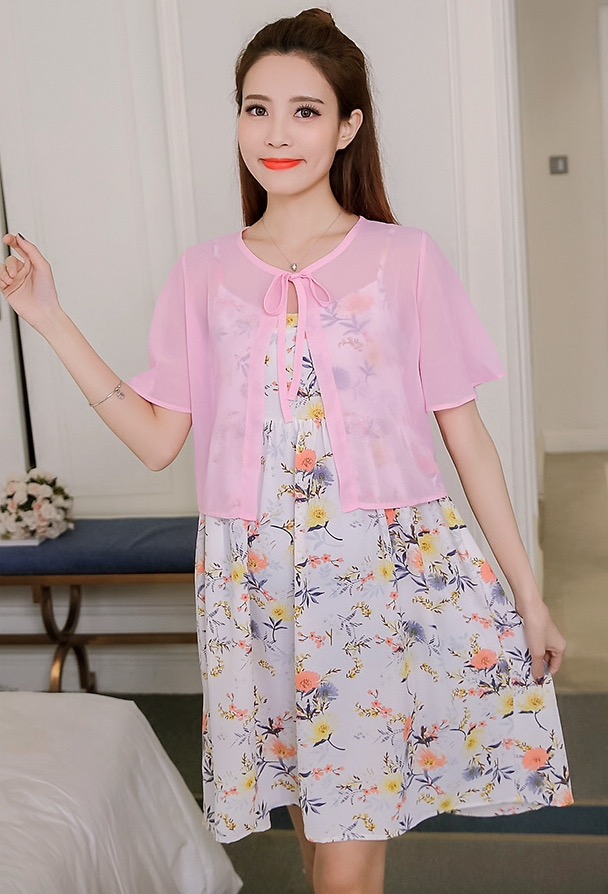 เดรสคนท้องแฟชั่น ทรงเกาหลี ผ้าชีฟองลายดอกไม้น่ารัก มาพร้อมเสื้อคลุมซีทรูแขนระบาย M L XL XXL