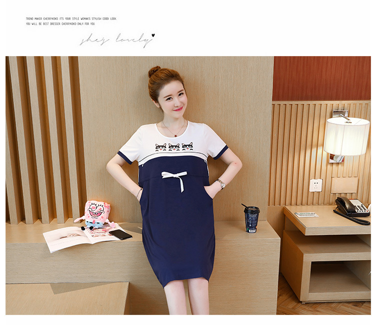 ชุดคลุมท้องเปิดให้นม แขนสั้น ลายแมวเหมียว ปรับขนาดได้ตามอายุครรภ์ M L XL XXL