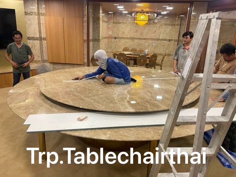 Trp.ทีอาร์พี Round Table 圆桌会议 餐桌 中式餐桌 配有旋转镜组 โต๊ะกลมหินอ่อน 340 ซม. 20 ที่นั่ง จานหมุน 260 ซม.พร้อม Lazysusan เลซี่ซูซาน จานหมุน ระบบหมุนด้วยไฟฟ้าแบตเตอรี่แบบชาร์ท มีรีโมทกดเดินหน้า ถอยหลัง เร่งหมุนเร็วหรือช้าได้