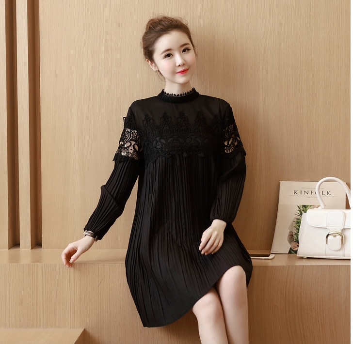 เดรสคลุมท้อง ลูกไม้ดำ แขนยาว ด้านบนซีทรู M,L,XL,XXL