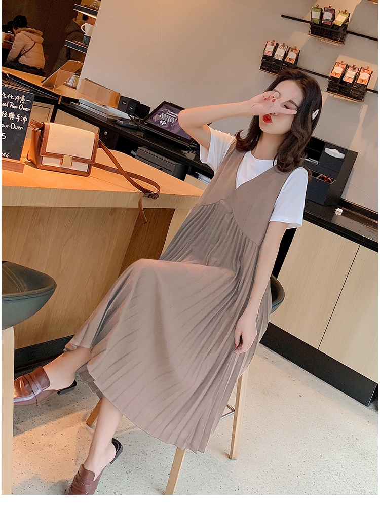 เอี๊ยมกระโปรงคลุมท้องยาว + เสื้อ ผ้ายืดทิ้งตัว ช่วงกระโปรงจีบรอบ M L XL XXL