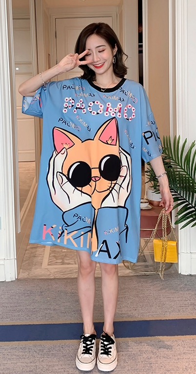 ชุดคลุมท้องแฟชั่นแขนสั้นพิมพ์ลายแมวน่ารัก คอกลม ผ้ายืดเนื้อนิ่ม ใส่สบายๆค่ะ M L XL XXL 3XL